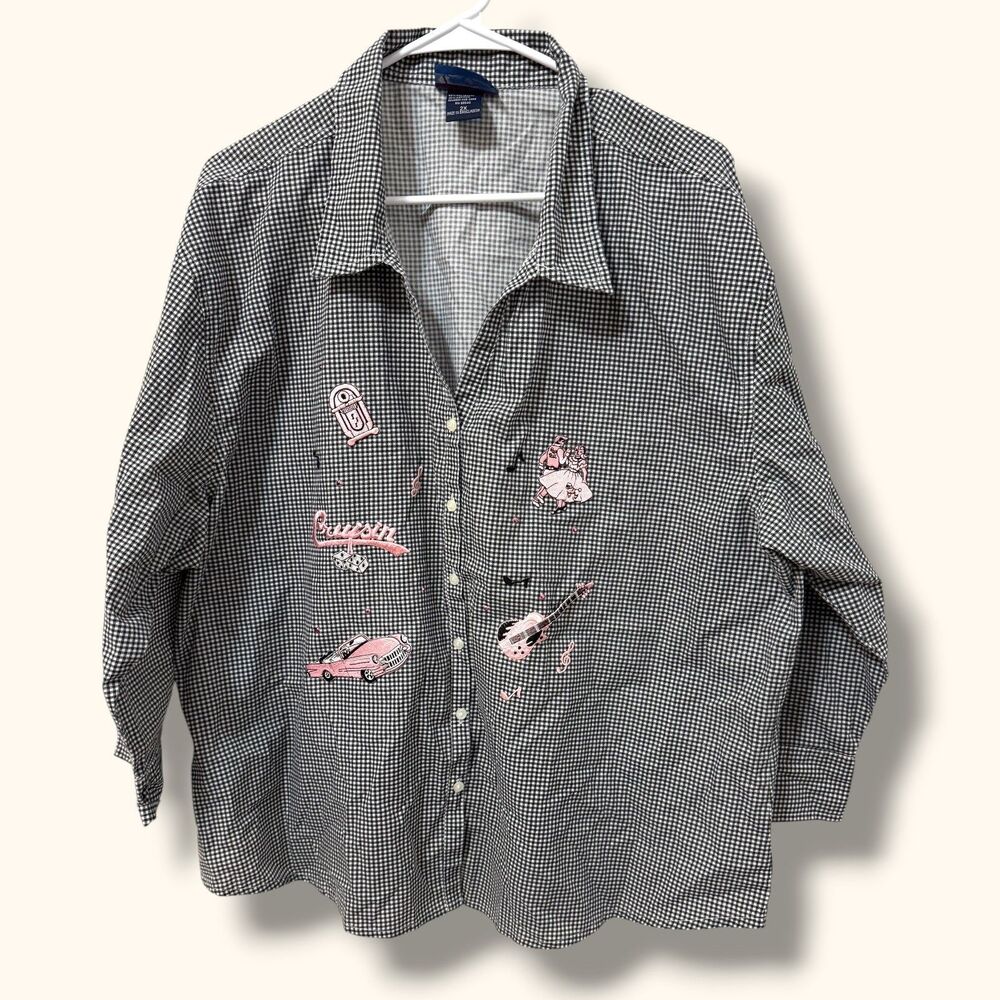Las Olas Shirt Womens 2X Black White Gingham Embroidered Cruisin Car Guitar